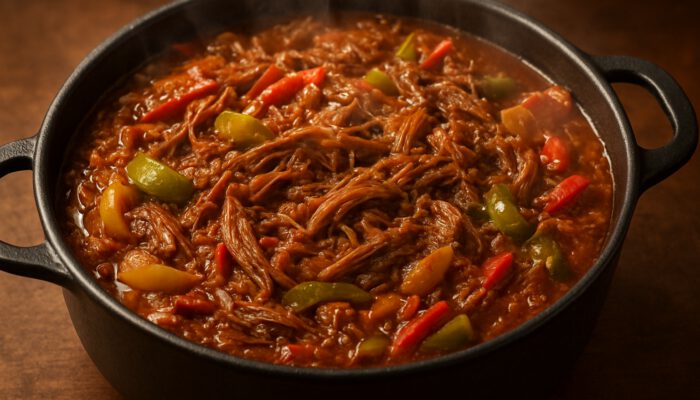 Steam rising from a pot of Cuban Ropa Vieja with tender shredded beef, spices, onions, and peppers.