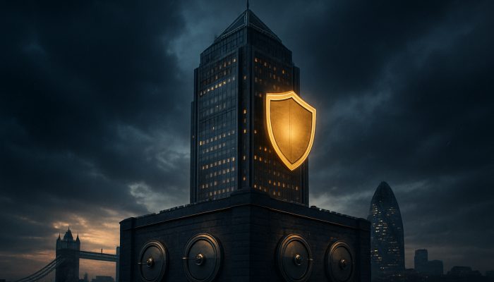 Talking to a Broker about Safer Structures: Essential Tips | DCL Fortified London skyscraper at dusk, with glowing shields and vaults symbolizing financial stability.