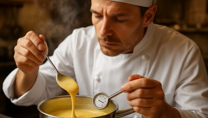 Chef stirring golden custard in a saucepan, monitoring 82°C thermometer as steam rises.