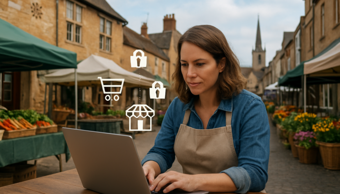Small business owner in Newent configuring the WooCommerce dashboard on a laptop amidst market stalls and e-commerce icons.