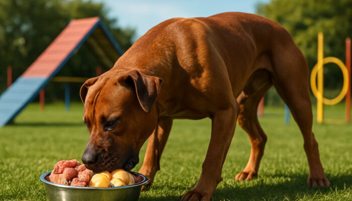 Muscular dog enjoying high-protein food with lean meats and eggs near agility obstacles outdoors.