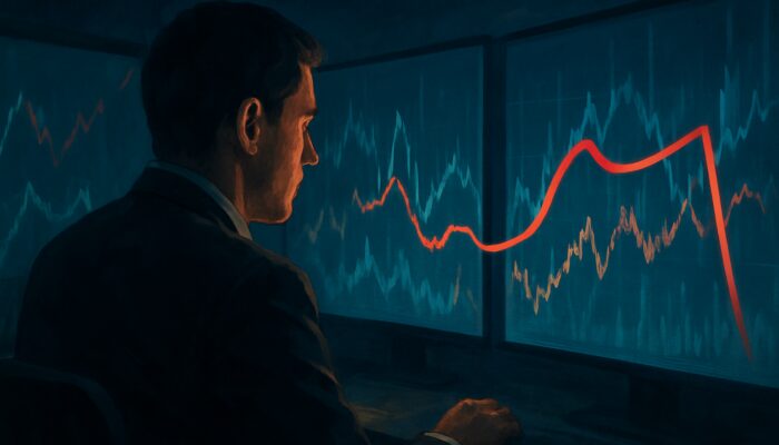 Trader focused on stock charts in a dimly lit room with a protective trailing red line.