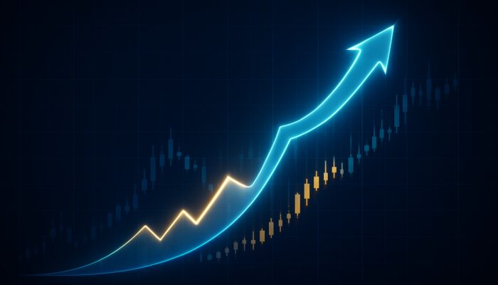 Dynamic stock chart displaying a glowing trailing stop loss rising with prices and locking during declines.