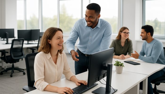 A contemporary Ilchester office featuring immaculate desks, ergonomic workstations, and satisfied employees collaborating.