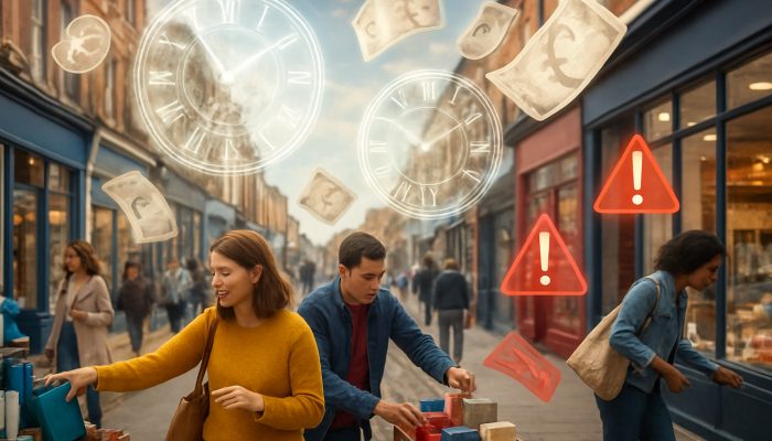Spotting Cost of Buy Now Pay Later Deals: Essential Guide | DCL Vibrant UK high street shoppers with BNPL clocks, floating pounds, and red hidden fee warnings.