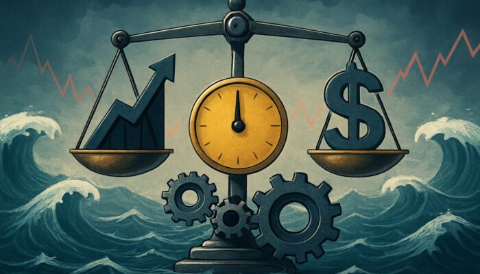 Financial scale balancing Calmar Ratio amid market fluctuations and mechanisms adjusting for volatility and risk.