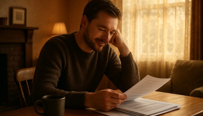 Reflecting on Your Debt Consolidation: Valuable UK Guidance | DCL Individual reviewing consolidated debt documents in a cozy British living room, displaying relief and clarity.
