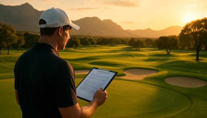 Golfer reviewing membership contract at luxurious South African golf club with mountain views at sunset