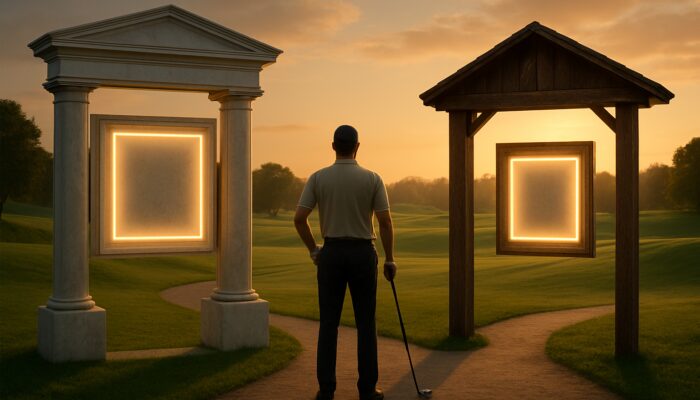 Golfer comparing glowing entrance fees between grand marble and modest wooden golf club entrances