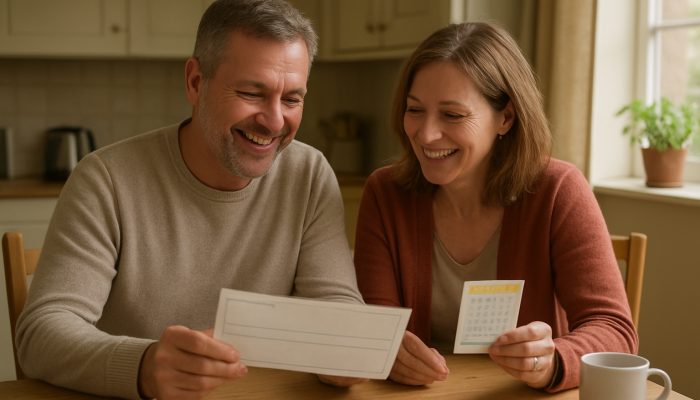 Agreeing Rules For Windfalls With Your Partner | DCL British couple smiling over inheritance check and lottery ticket at cosy kitchen table
