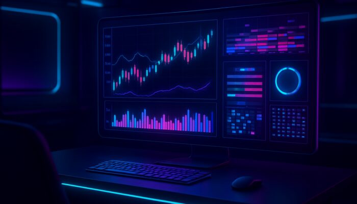 Futuristic holographic Freqtrade desk displaying colorful crypto trading pair charts, candlesticks, and volume heatmaps.