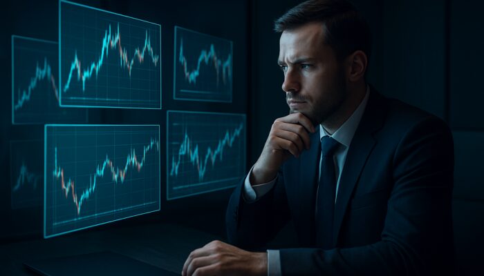 Trader cross-verifying conflicting cryptocurrency charts on holographic screens in dark office