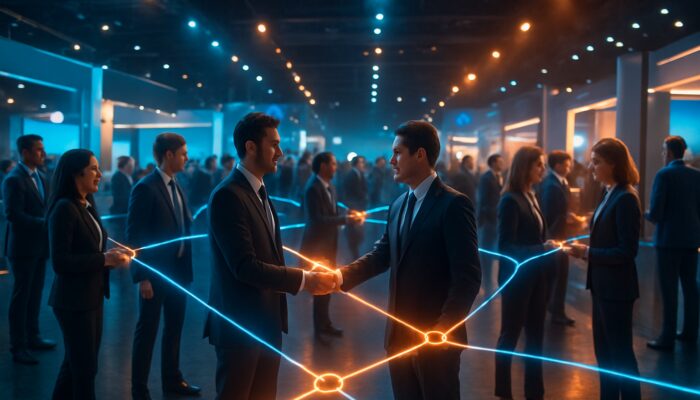 Professionals networking at a trade show to exchange valuable digital backlinks and forge agreements.