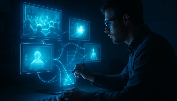 Researcher reviews glowing holographic conference archives and backlinks in a dimly lit strategic workspace.