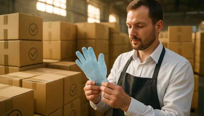 Catering manager assessing certified bulk polythene gloves in a sunlit warehouse surrounded by compliance boxes