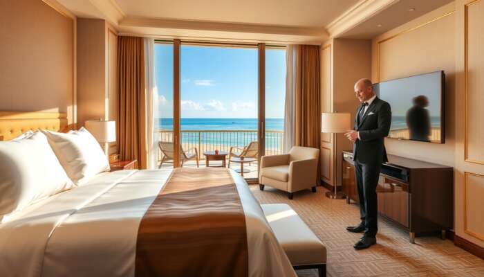 Luxurious Ritz-Carlton suite featuring plush silk bedding, smart screens, a balcony overlooking a private beach, and attentive concierge service in golden light.