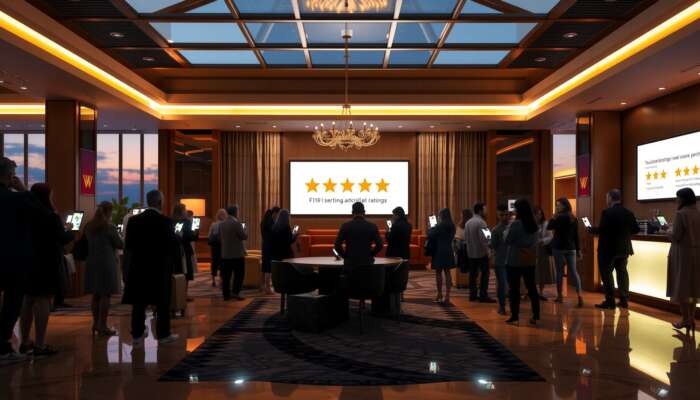 Luxurious hotel lobby at dusk, with guests reviewing five-star ratings and positive reviews on smartphones, illustrating the significance of ratings on travel decisions.