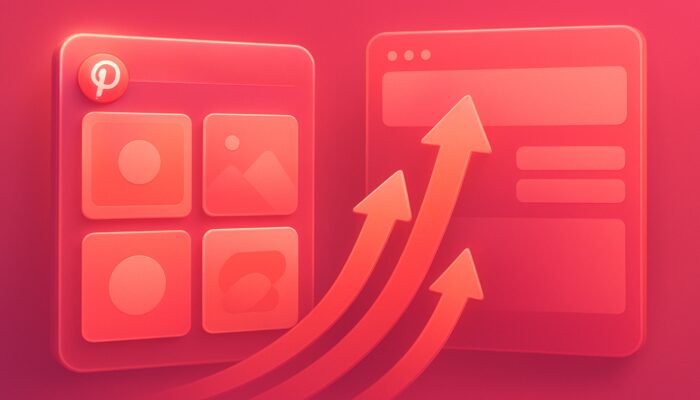 Illustration depicting Pinterest promoted pins directing traffic arrows to a website dashboard in pink tones