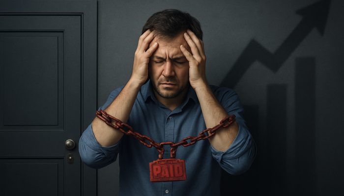 How Missed Payments Affect New Loan Chances: UK Consequences | DCL Stressed borrower chained by missed payments before locked mortgage and loan doors with rising insurance costs