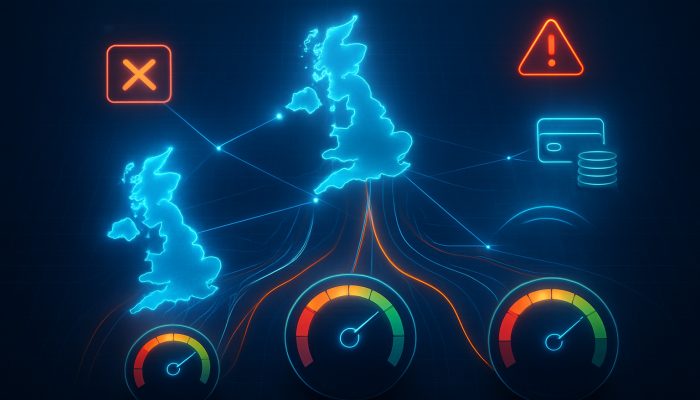 How Missed Payments Affect New Loan Chances: UK Consequences | DCL Futuristic digital web linking UK credit agencies Experian, Equifax, TransUnion with score meters and payment alerts