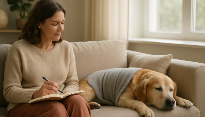 Calm dog wearing anxiety wrap on couch as owner documents reactions in journal