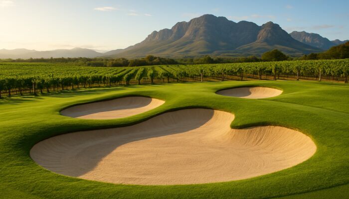 Pristine Cape Winelands golf bunkers with fine sand, surrounded by vineyards and rolling mountains.