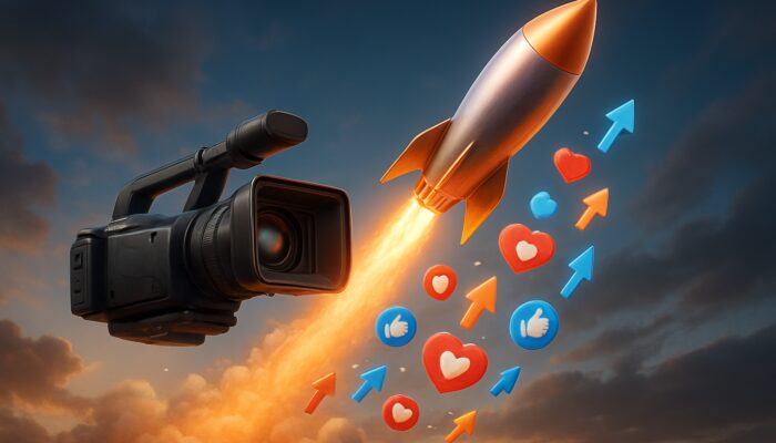 Video camera transforming into a glowing rocket launching with social media icons and likes