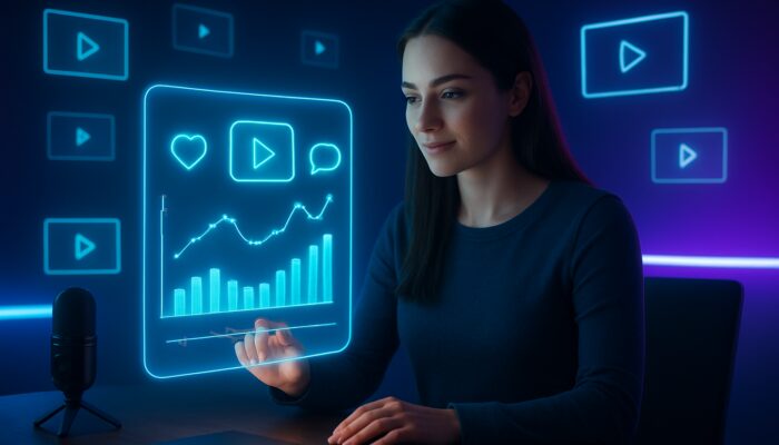 Content creator analysing a holographic analytics dashboard featuring watch-time graphs and floating video thumbnails in a neon studio
