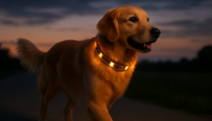 Golden retriever at dusk wearing a glowing solar-powered LED collar with solar panels for improved visibility.
