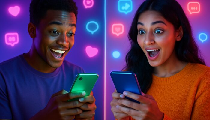 Split-screen TikTok duet on glowing smartphones showcasing diverse creators, vibrant neon colours, and floating social icons.