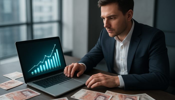Utilising Cash Flow Tools Before Additional Borrowing: Essential Strategies | DCL UK entrepreneur analysing cash flow charts on laptop amidst pound notes in sleek London office