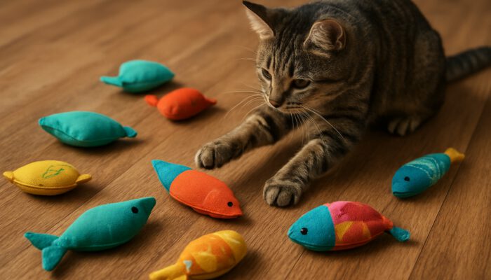 Playful cat batting at vibrant DIY catnip toys on wooden floor.