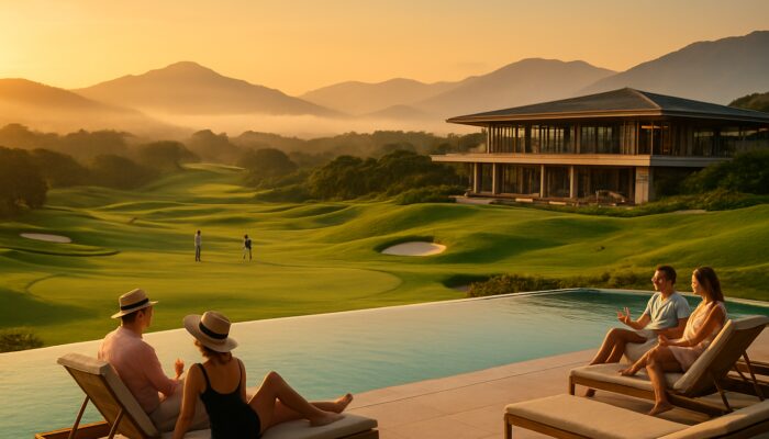 Mount Edgecombe Country Club during golden hour, showcasing emerald golf fairways, a modern clubhouse, and guests enjoying the poolside.