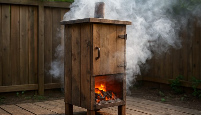 Rustic DIY cold smoker with glowing hardwood chunks creating thick smoke in a backyard setup