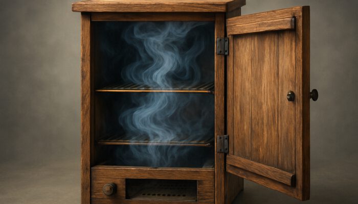 Cross-section of rustic wooden cold smoker with consistent smoke flow through adjustable intake and exhaust vents