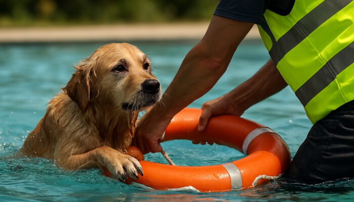 Person rescuing drenched golden retriever from pool using a life ring during daylight.