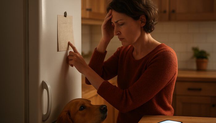 Concerned pet owner reviews emergency vet contact list on fridge with dog nearby.