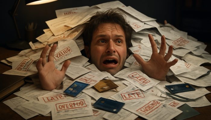 Signs You Have Too Many Separate Debts: Spot Key Indicators | DCL Individual overwhelmed by a chaotic pile of overdue bills and loan documents on a cluttered desk