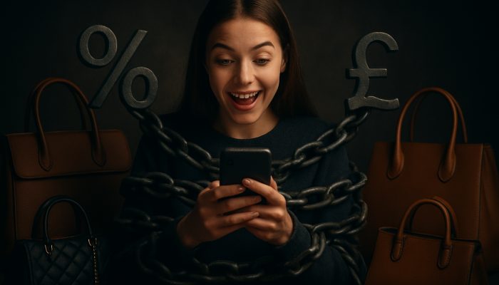 Signs You Have Too Many Separate Debts: Spot Key Indicators | DCL Young UK shopper using BNPL on their phone while carrying luxury bags as debt chains tighten.