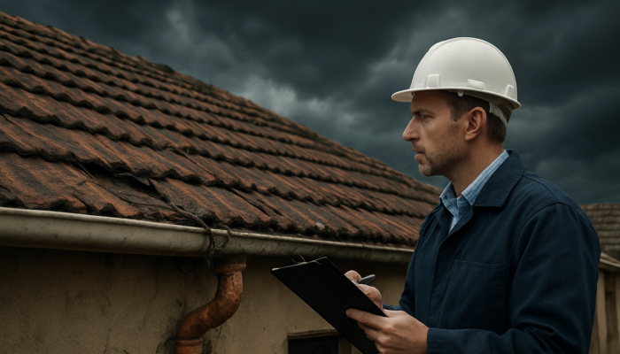 Professional inspector assessing a damaged roof and exposed wiring in an old South African home in Springs beneath a stormy sky.