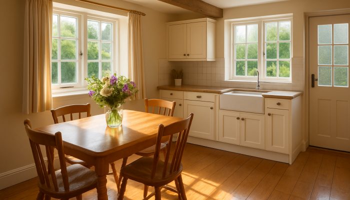 Bright Yeovil cottage kitchen shining after professional cleaning with fresh flowers on the table