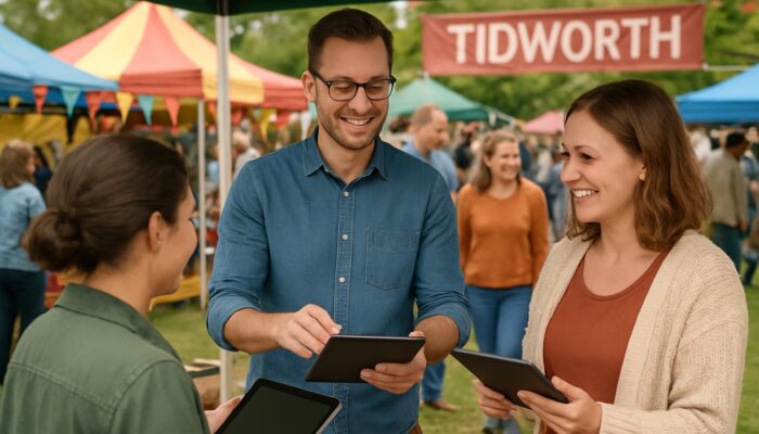 Small business owner engaging with local customers using tablets at a lively community fair in Tidworth
