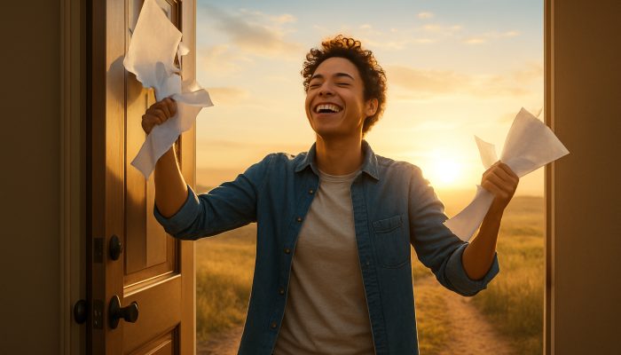 Relieved individual tearing up debt bills steps through an open door into a sunlit horizon, symbolising new beginnings.