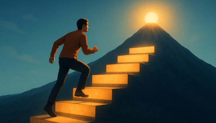 Individual ascending stepping stones labelled emergency fund and holiday savings towards the summit of financial independence.