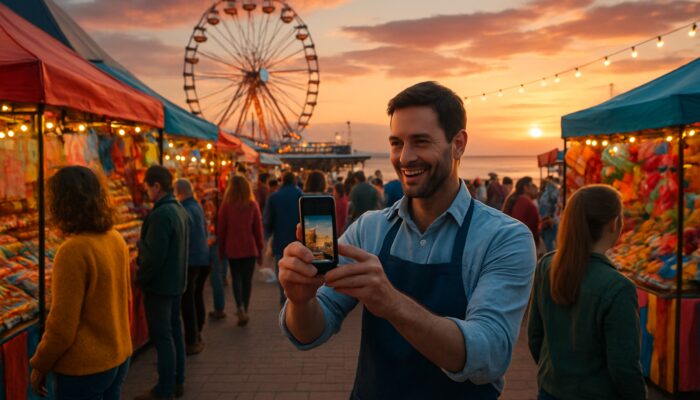 Vibrant Weston-super-Mare Carnival at sunset featuring locals at lively market stalls and café owner on Instagram