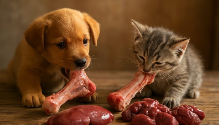 Playful puppy and kitten gnawing on raw bones next to organ meats on a wooden table.