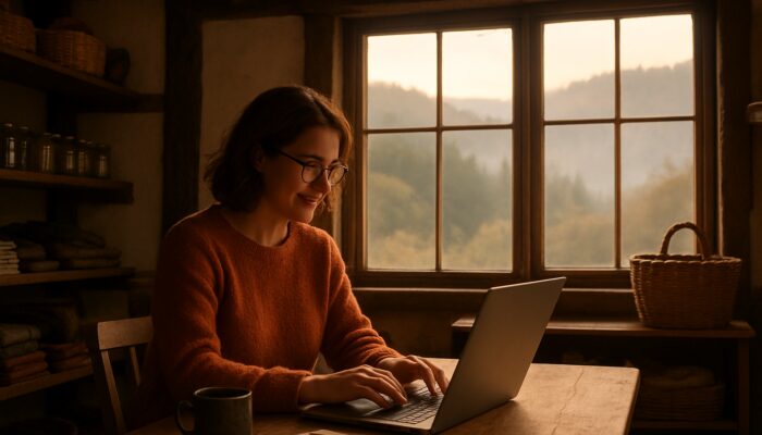 Small business owner blogging on a laptop in a quaint Lydney shop with scenic views of the Forest of Dean