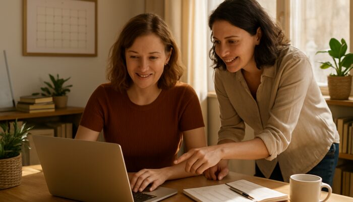Lydney business owner strategising blog posts on a laptop with a local expert in a bright office