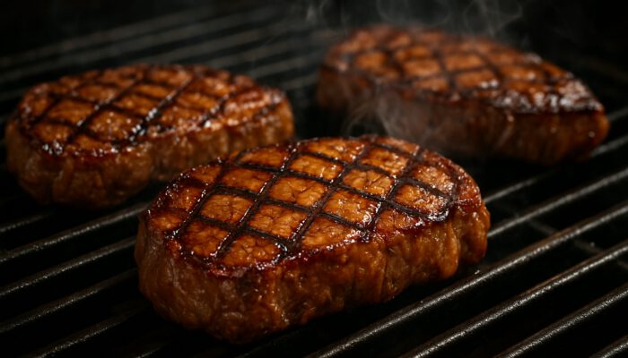 Juicy steaks with caramelised crosshatch sear marks sizzling on a canola-oiled grill