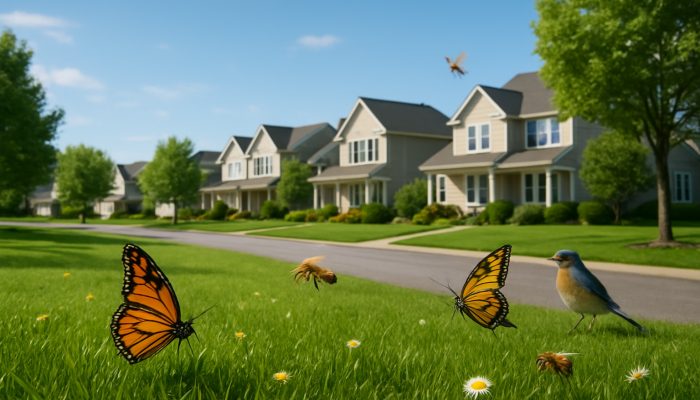 A charming Ilchester neighbourhood featuring flourishing lawns, butterflies, bees, and songbirds under clear skies.